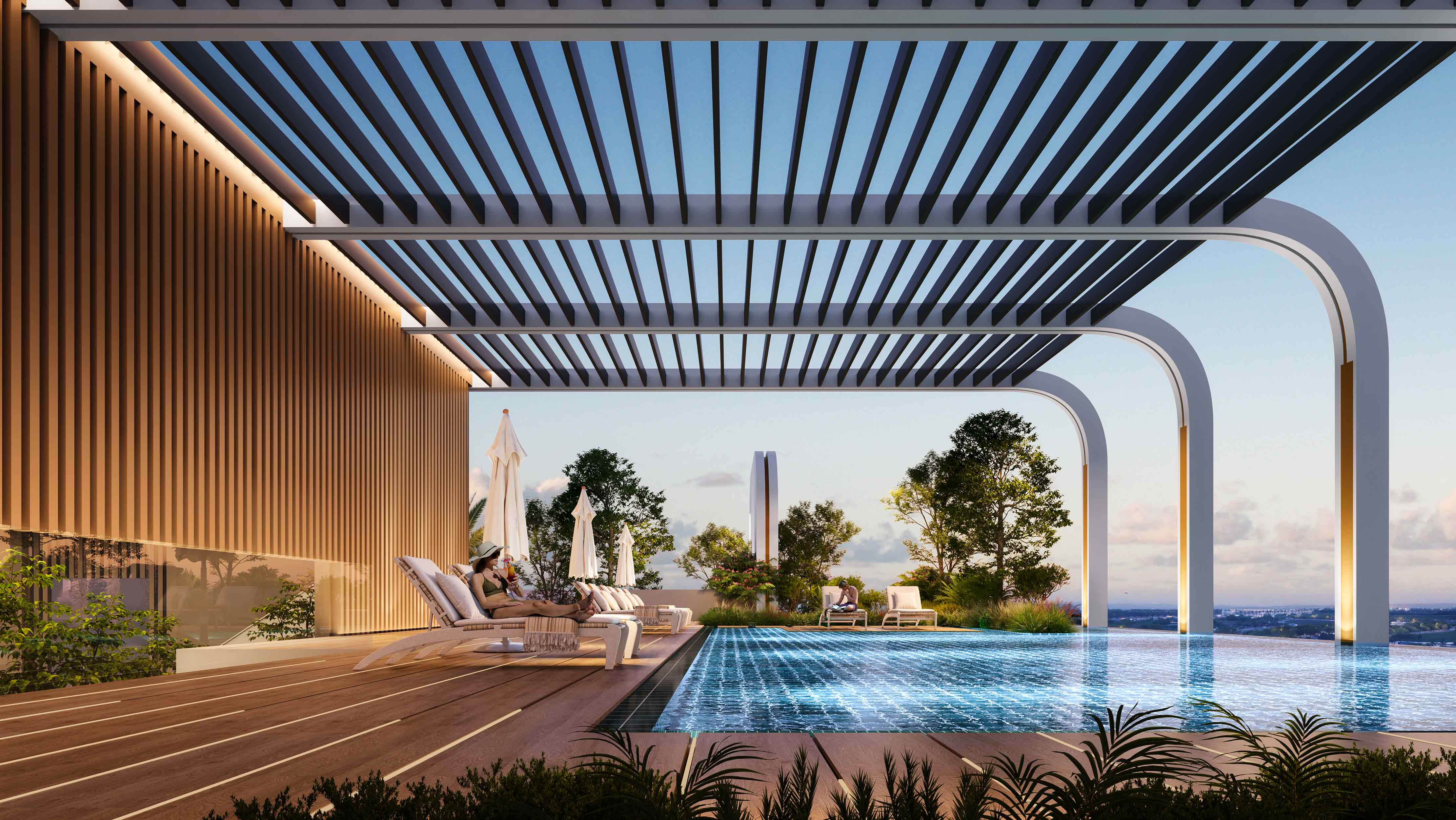 Le Blanc A luxurious pool area with a modern pergola, lounge chairs, and greenery, overlooking a scenic view.
